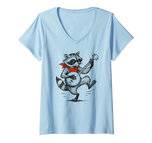 Damen Dancing Raccoon Banjo Player Cute Cottagecore Bluegrass T-Shirt mit V-Ausschnitt Damen Dancing Raccoon Banjo Player Cute Cottagecore Bluegrass T-Shirt mit V-Ausschnitt von BluegrassGarage - Bluegrass Music Vintage Fan Tees