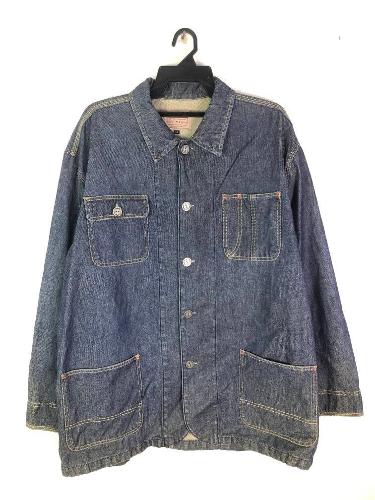 Vintage Vis Denim Workwear Jacke Arbeiter Jeansjacke Blaue Eisenbahn Männer Größe L von Bluejinstore