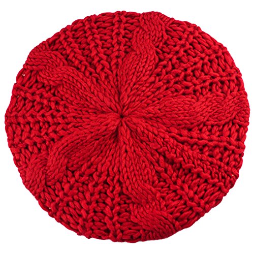 Bluelans® Baskenmütze für Damen, gestrickt, mit Flechtmuster, groß, Wollmütze, Häkelmütze, Skimütze Gr. Einheitsgröße, rot von Bluelans