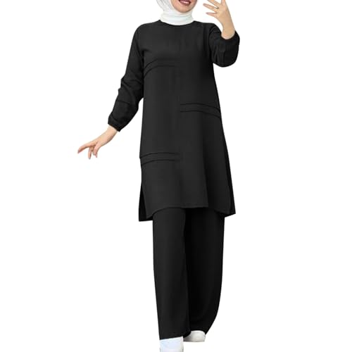 Bluelucon Damen Kleid Muslimisches Einfarbig zweiteiliges Set,damen Lose hose und Komfortabel top Islamisches kleidung kostüm damen elegant 2 teiler Schwarz,L von Bluelucon
