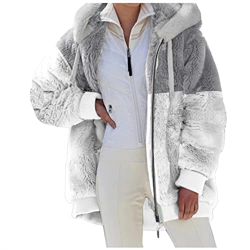 Bluelucon Damen Kurz Mit Fellkapuze Tailliert Teddy-Fleecejacke Mit Tunnelzug Coat Damenmantel Parka Plüschjacke Fleecejack Damenjacke Plüschmantel Kapuzenjacke Winterparka Flauschige Damenmantel von Bluelucon