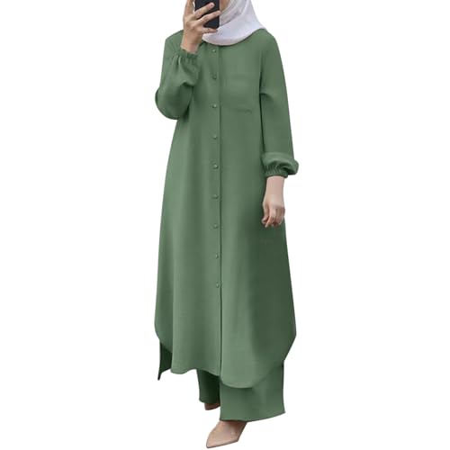 Bluelucon Damen Muslimisches Einfarbig zweiteiliges Set,damen Lose hose und Knöpfen top Islamisches kleidung kostüm damen elegant 2 teiler für Ramadan,Party,Lässig,Abend Grün,5XL von Bluelucon