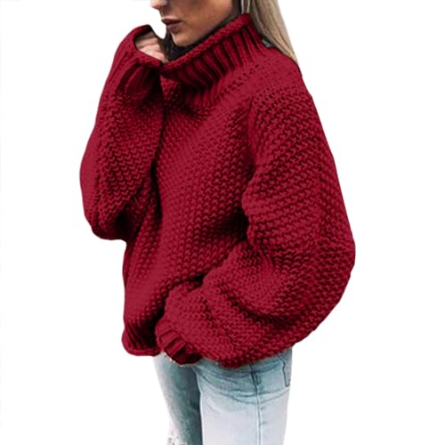 Bluelucon Damen Rollkragen Pullover Warm Rollkragenpullover Grobmaschig Oversize Strickpulli Damenpullover Langarm Elegant Oversized Sweatshirts #1-Rot XXL von Bluelucon