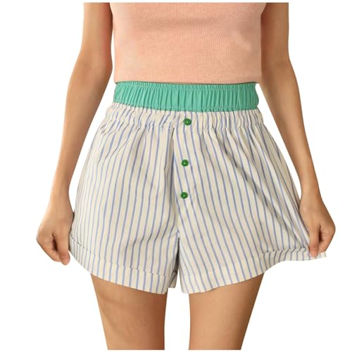 Bluelucon Damen Shorts High Waist Karomuster Kurze Shorts Freizeithose Elegant Mini Shorts Gemütliche Knopfleiste vorne Pyjamahose Kariert Loungewear Für Damen #02_Grün,M von Bluelucon