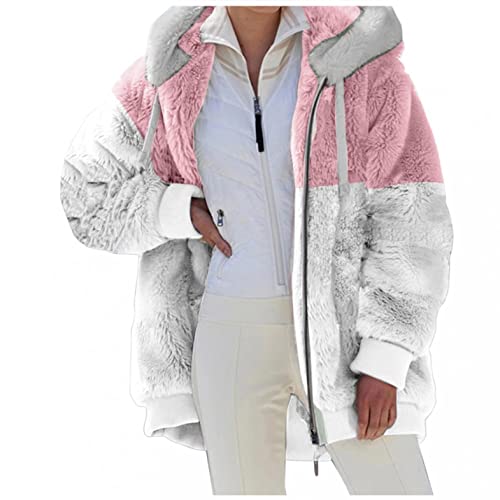 Bluelucon Damen Teddy Fleecepullover Leicht Oversize Plüschpulli Hoodie Coat Winter Reißverschluss Kapuzenjacke mit Tasches Einfarbig Lässige Jacken Mantel Oberteile Teddyjacke Plüschjacke von Bluelucon