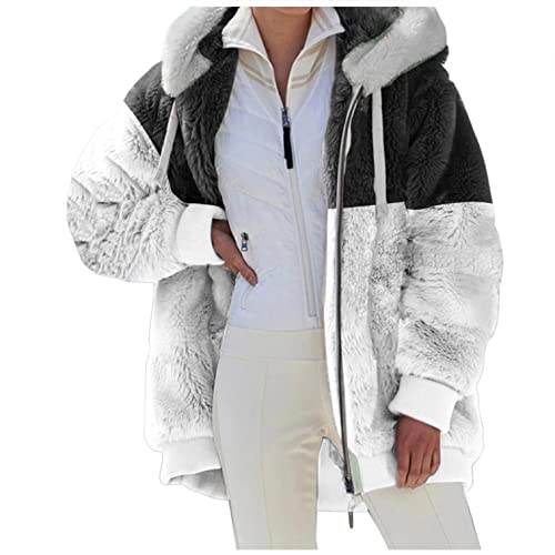 Bluelucon Damen Teddy Fleecepullover Leicht Oversize Plüschpulli Hoodie Coat Winter Reißverschluss Kapuzenjacke mit Tasches Einfarbig Lässige Jacken Mantel Oberteile Teddyjacke Plüschjacke von Bluelucon