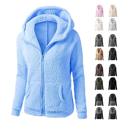 Bluelucon Fleecejacke Damen Dünn Leicht Winterjacke Mantel Warm Gefüttert Winter Kapuzenpullover Hoodie Jacken Flauschig Übergangsjacke Sweatshirt Mit Kapuze Softshelljacke A_Blau L von Bluelucon