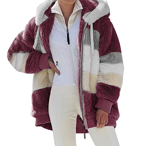 Bluelucon Fleecejacke Damen Mit Kapuze Outdoor Damenmantel Für Übergang Coat Plüsch Langarm Wintermantel Kurzmantel Warm Oversize Cardigan Kapuzenjacke mit Taschen Winterjacke Parka Teddyjacke von Bluelucon