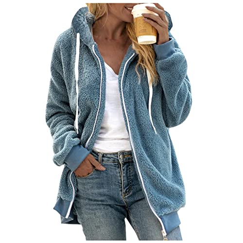 Bluelucon Fleecejacke Damen Plüsch Warm Gefüttert Sweatshirt Lang Warm GefüTtert Flauschige Jacke Fleecejacke Damenjacke Teddy Hoodie Hausjacke Herbst Winter Winterpullover von Bluelucon