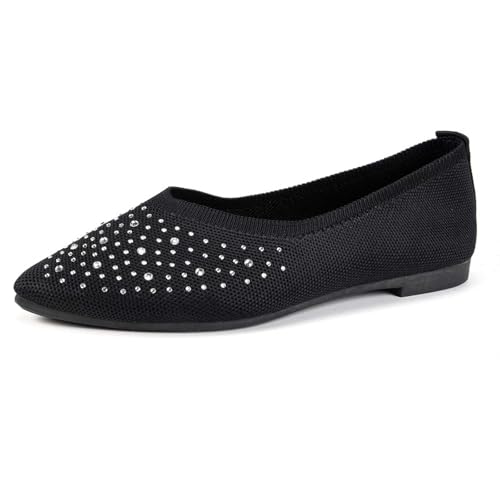 Bluelucon Halbschuhe Damen Freizeitschuhe Sommer Atmungsaktiv Segelschuhe Tanzschuhe Leicht Slipper mit Strass und Spitzer Zehenpartie Lässig Flach Spitzenschuhe Sommerschuhe von Bluelucon