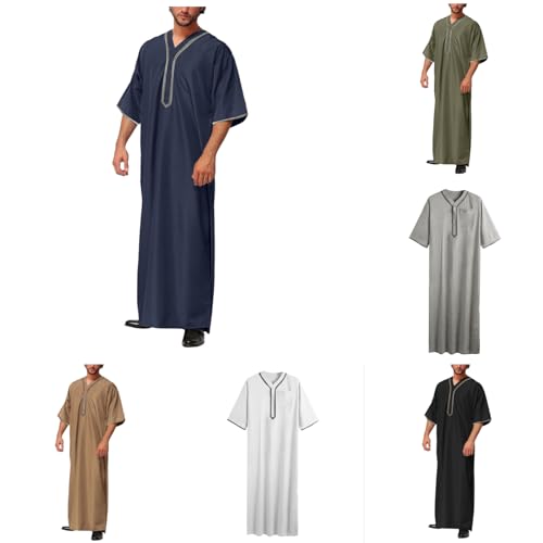 Bluelucon Herren Muslim Kaftan,Einfarbig Roben Kurzarm Abaya Kaftan Rundhals Knöchellange Kleidung Abaya Marine,5XL von Bluelucon