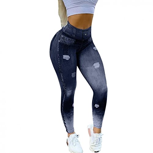 Bluelucon Jeans Look Damen Geraffte Hintern Heben hohe Taille Yogahosen schick Frauen Criss Cross Athletic Workout Laufen Leicht, Hüftheben Yogahose, Sport Fitness Workout Leggins Stretch BL0863 von Bluelucon