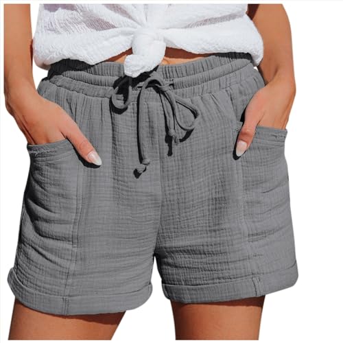 Bluelucon Shorts Damen Sommer Stretch Freizeit Kordelzug Shorts Leinen Musselin Kurze Hose Leinenhose Beach Shorts Mit Taschen Mode Lässige Elastische hohe Taille Shorts #02_Grau,M von Bluelucon