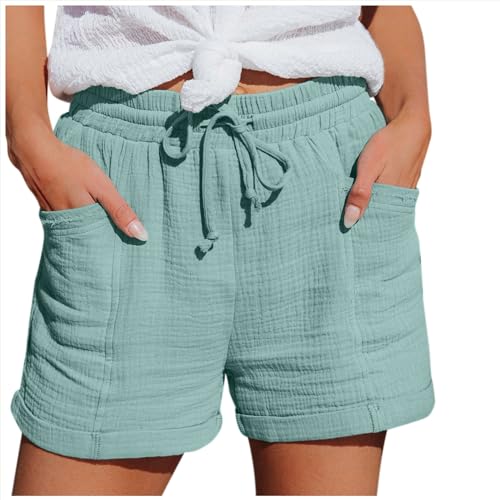 Bluelucon Shorts Damen Sommer Stretch Freizeit Kordelzug Shorts Leinen Musselin Kurze Hose Leinenhose Beach Shorts Mit Taschen Mode Lässige Elastische hohe Taille Shorts #02_Grün,M von Bluelucon