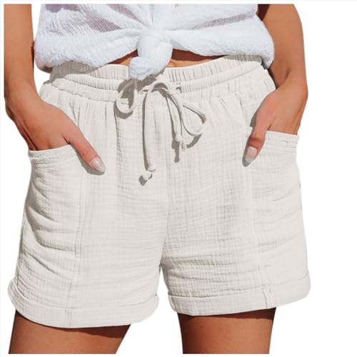 Bluelucon Shorts Damen Sommer Stretch Freizeit Kordelzug Shorts Leinen Musselin Kurze Hose Leinenhose Beach Shorts Mit Taschen Mode Lässige Elastische hohe Taille Shorts #02_Weiß,M von Bluelucon