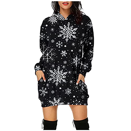 Bluelucon Weihnachtskleid Damen Hoodie Kleid Damen Weihnachtspullover Drucken Lang Casual Langarm Pulloverkleider Sweatshirtkleid mit Kapuze Elegant Crewneck Winter Pulli #03 Schwarz M von Bluelucon