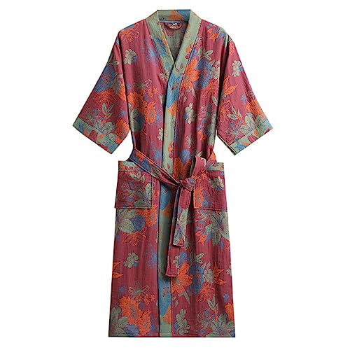 Damen Bademantel Dusch Saunakilt Nachtwäsche Elegant Langarm Bathrobe V-Ausschnitt Hauskleid Baumwolle Taillenrobe Frauen Reisebademantel Kurzgrößen Leicht Pyjama Rot L von Bluelucon