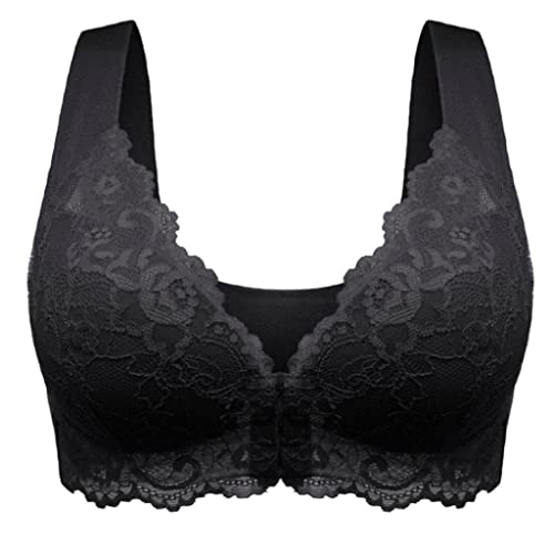 Damen Blossom Spitze Vorderverschluss Ringerrücken Ohne Bügel Sport BH Rücken-Design Baumwolle Innenseite Sport BH mit Vorderverschluss Bralette Bustier Bequemer Gepolstert Ungepolstert Bra Black 90B von Bluelucon