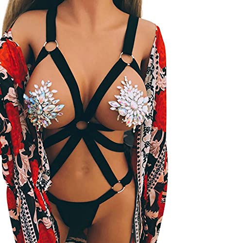 Damen Dessous Nachtwäsche Sexy Plus Size Lace Rosendruck Chiffon Sexy Body Cage BH Halter Crop Top Bustier Hohle BH Oberseiten BH Spaghettiträger Cross Back Design Push up BH Sport Bra Top BL56 von Bluelucon