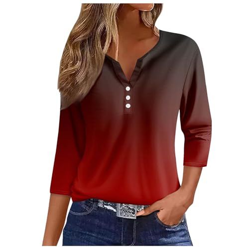 Damen T-Shirt Mit V-Ausschnitt Und 3/4-Ärmeln Elegant Oversize Für Tshirts Mit Locker Baumwolle Basic Blusen T-Shirts Oberteile Tshirt Tops für Sommer Frühling #01_Rot,XL von Bluelucon