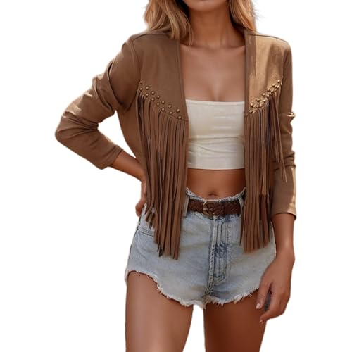 Damen Wildleder Lederjacke Mit Fransen Retro West Karneval Party Freizeit Bomberjacke Cowboy Hippie Jacke Kurz Quasten Crop Top von Bluelucon