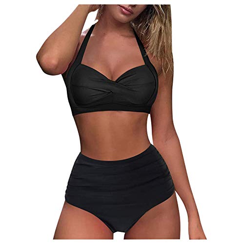 Damen einfarbig Bikini Set High Waist Schwimmanzug mit Triangel Zweiteiliger Badeanzug Sommer Trendy Sexy Bikini Zweiteilige Bademode Sommermode Swimsuit S-XXL #01_Schwarz,XXL von Bluelucon