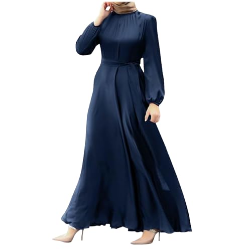 Damen muslimische Kleider Casual Lange Laternenärmel Robe Gebetskleidung Abaya Elegantes Riemen zum Straffen der Taille Kaftan einfarbig Gewand islamische Kleider Blau,S von Bluelucon