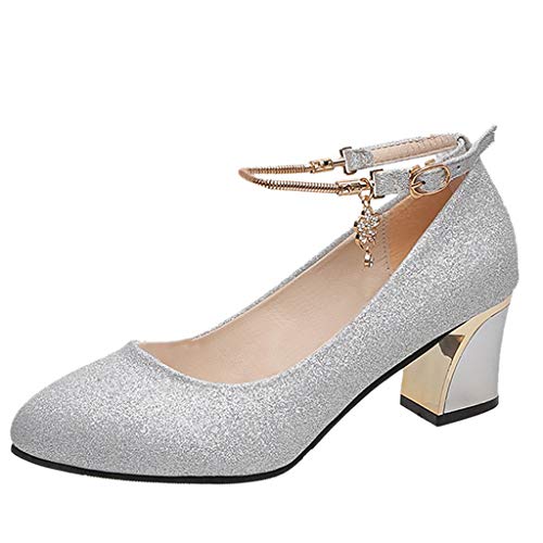 Damen niedrigem Blockabsatz Pumps, Glitzer Hochzeitsschuhe Pumps Eleganz runder Kopf Pump mit Blockabsatz Perfekt für Party täglich Dating Frühling Sommerschuhe Silber,40 von Bluelucon