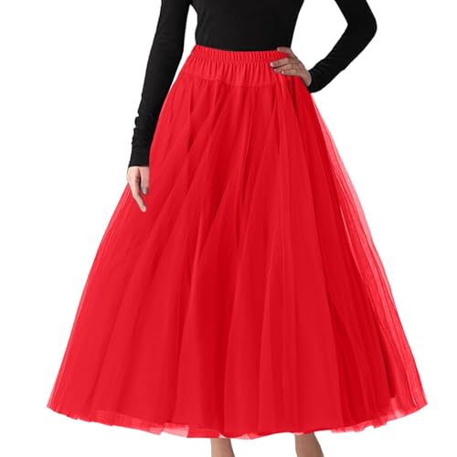 Festliche Abendkleid Tüllrock Damen Party Tüllrock Blasenrock Elegant Weiche Lange Tütü Elastischer Gürtel Lässiger Tanzkleid Rot 4XL von Bluelucon