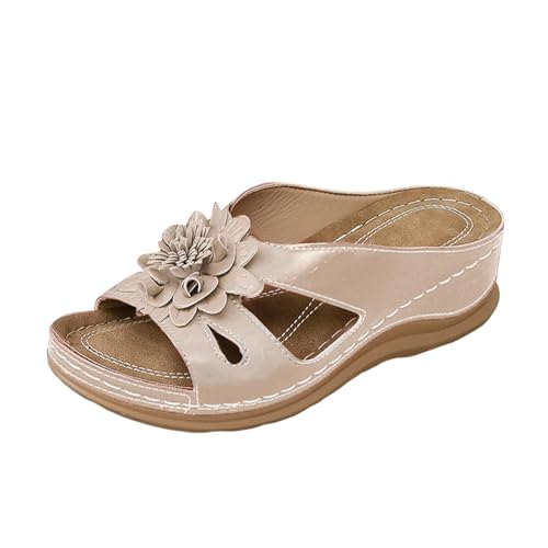Freizeitsandalen Damen Leder Sandalen Breit Offene Zehenkappe mit Weichem Arch Support Keilabsatz Sandalen für Täglichen Fußbett Atmungsaktive Bequeme leichte Schuhe mit dicken Absätzen von Bluelucon