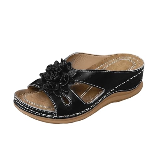 Freizeitsandalen Damen Leder Sandalen Breit Offene Zehenkappe mit Weichem Arch Support Keilabsatz Sandalen für Täglichen Fußbett Atmungsaktive Bequeme leichte Schuhe mit dicken Absätzen von Bluelucon