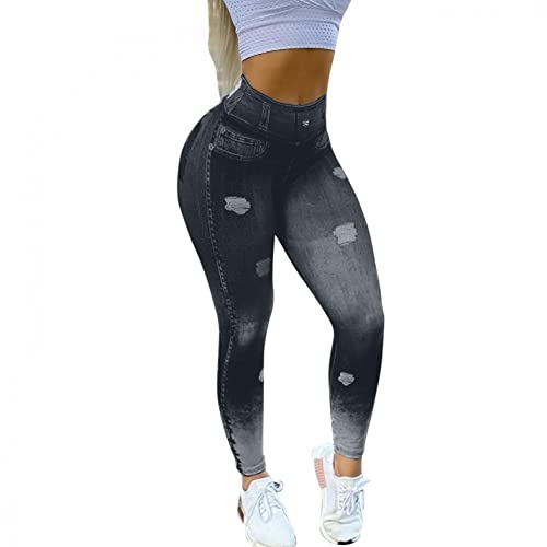 Jeansoptik-Sport Leggings Damen Sportleggins High Waist Fitness Yogahose Yogahose Blickdicht Yogaleggings Fitness Bauchkontrolle Butt Lifter Lange Hosen Laufhose für Gym Yoga Training BL1619 von Bluelucon