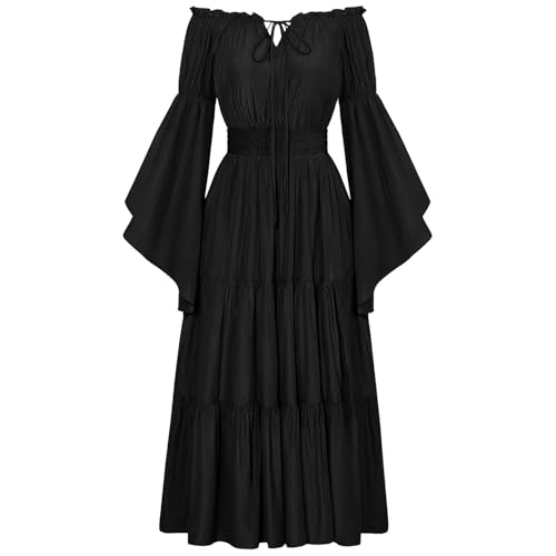Mittelalter Kleid Damen Renaissance Palastkleid Viktorianisches Gothic Off Shoulder Abendkleid mit Halskette und Gürtel Vintage A Line Partkleid Prinzessinnen Ballkleid von Bluelucon