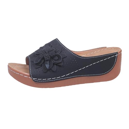 Pantoletten Damen Strand Hausschuhe Keilabsatz Sandalen Plattform Leder Flip Flops Aushöhlen Plateau Zehentrenner Vintage Lässige Slipper Open Toe Slip on Sandaletten Bequeme Schuhe von Bluelucon