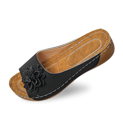 Pantoletten Damen Strand Hausschuhe Keilabsatz Sandalen Plattform Leder Flip Flops Aushöhlen Plateau Zehentrenner Vintage Lässige Slipper Open Toe Slip on Sandaletten Bequeme Schuhe von Bluelucon