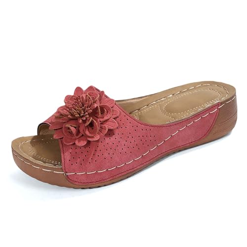 Pantoletten Damen Strand Hausschuhe Keilabsatz Sandalen Plattform Leder Flip Flops Aushöhlen Plateau Zehentrenner Vintage Lässige Slipper Open Toe Slip on Sandaletten Bequeme Schuhe von Bluelucon