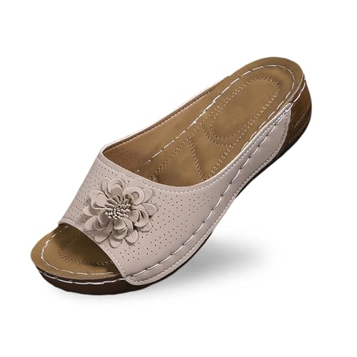 Pantoletten Damen Strand Hausschuhe Keilabsatz Sandalen Plattform Leder Flip Flops Aushöhlen Plateau Zehentrenner Vintage Lässige Slipper Open Toe Slip on Sandaletten Bequeme Schuhe von Bluelucon