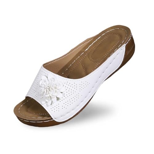 Pantoletten Damen Strand Hausschuhe Keilabsatz Sandalen Plattform Leder Flip Flops Aushöhlen Plateau Zehentrenner Vintage Lässige Slipper Open Toe Slip on Sandaletten Bequeme Schuhe von Bluelucon