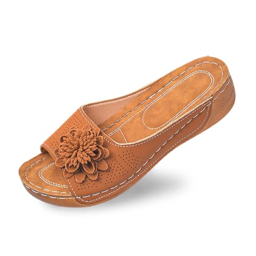 Pantoletten Damen Strand Hausschuhe Keilabsatz Sandalen Plattform Leder Flip Flops Aushöhlen Plateau Zehentrenner Vintage Lässige Slipper Open Toe Slip on Sandaletten Bequeme Schuhe von Bluelucon