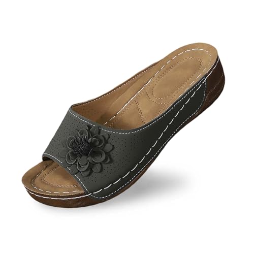 Pantoletten Damen Strand Hausschuhe Keilabsatz Sandalen Plattform Leder Flip Flops Aushöhlen Plateau Zehentrenner Vintage Lässige Slipper Open Toe Slip on Sandaletten Bequeme Schuhe von Bluelucon
