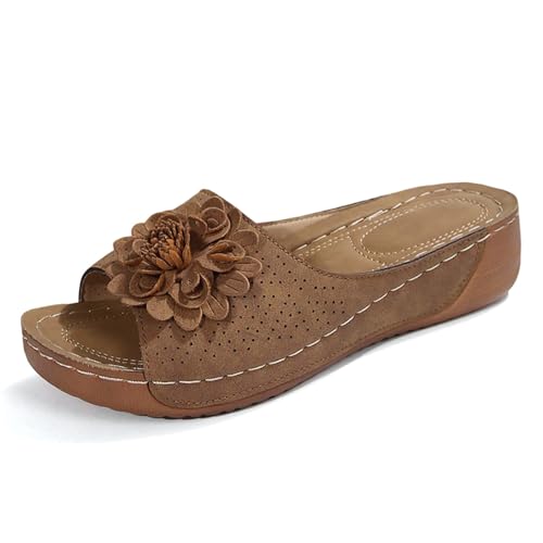 Pantoletten Damen Strand Hausschuhe Keilabsatz Sandalen Plattform Leder Flip Flops Aushöhlen Plateau Zehentrenner Vintage Lässige Slipper Open Toe Slip on Sandaletten Bequeme Schuhe von Bluelucon
