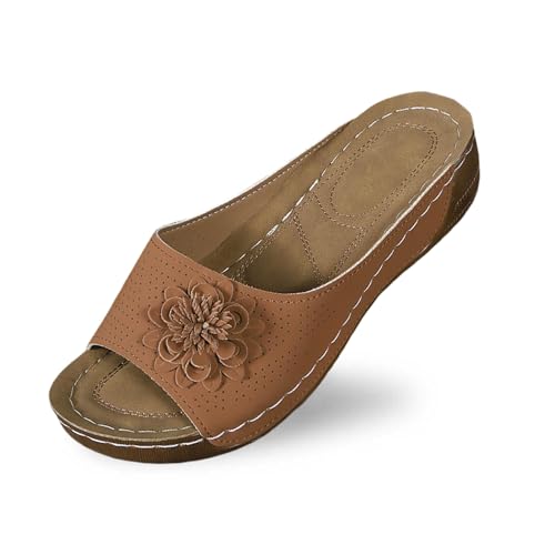 Pantoletten Damen Strand Hausschuhe Keilabsatz Sandalen Plattform Leder Flip Flops Aushöhlen Plateau Zehentrenner Vintage Lässige Slipper Open Toe Slip on Sandaletten Bequeme Schuhe von Bluelucon