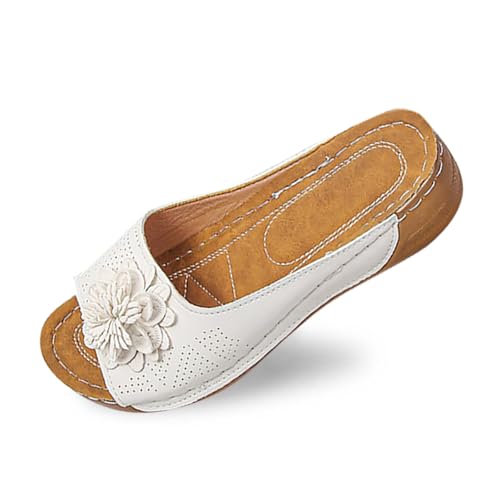 Pantoletten Damen Strand Hausschuhe Keilabsatz Sandalen Plattform Leder Flip Flops Aushöhlen Plateau Zehentrenner Vintage Lässige Slipper Open Toe Slip on Sandaletten Bequeme Schuhe von Bluelucon