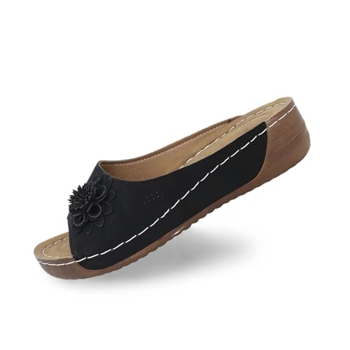 Pantoletten Damen Strand Hausschuhe Keilabsatz Sandalen Plattform Leder Flip Flops Aushöhlen Plateau Zehentrenner Vintage Lässige Slipper Open Toe Slip on Sandaletten Bequeme Schuhe von Bluelucon