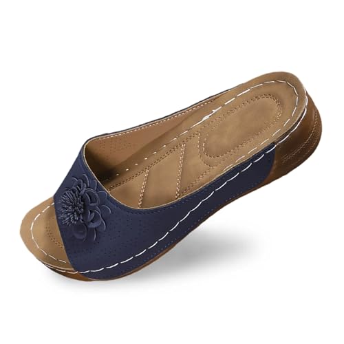 Pantoletten Damen Strand Hausschuhe Keilabsatz Sandalen Plattform Leder Flip Flops Aushöhlen Plateau Zehentrenner Vintage Lässige Slipper Open Toe Slip on Sandaletten Bequeme Schuhe von Bluelucon