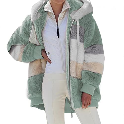 PlüSchjacke Damen Teddy, Teddy Jacke Damen Teddyfleece Lose Oversized Fleece-Futter Langarm Oberschenkellänge Slim Fit Tunnelzug Frauen Hooded Wintermantel Parka mit Kapuze Steppmantel Winterparka von Bluelucon