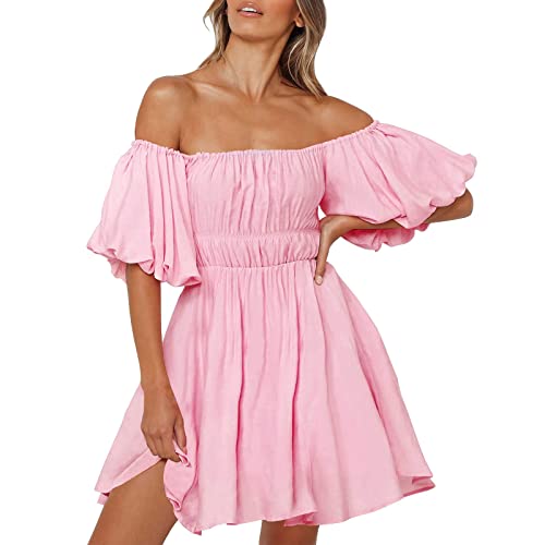 Sommerkleid für Damen mit Puffärmeln schulterfrei Minikleid gekräuselt A-Linie fließendes Swing-Kleid Strandkleid Kleider Rosa M von Bluelucon