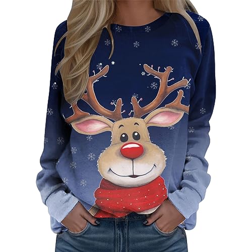 Sweatshirt lustig Damen Lang Rudolph Rentier Elfe Weihnachtspullover Lässige Bluse Pullover Damen Weihnachtstop Rundhals kein Hut Xmas Pulli Shirt Dunkelblau M von Bluelucon