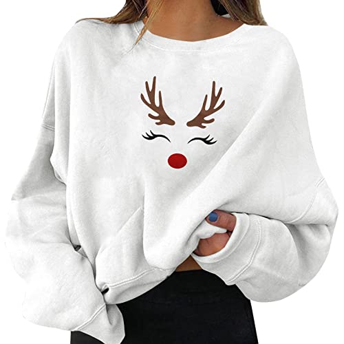 Weihnachtspullover Damen Lustig Rudolph Rentier Druck Lose Bluse Oberteil Damen Weihnachtstop Longpullover für Damen Strickpullover Lustig Bluse Weiß XXL von Bluelucon