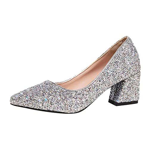 spitzem Absatz Pumps für Damen, Blockabsatz Geschlossener Spitze Glitzer Pumps Elegante und Bequem Schuhe Perfekt für Hochzeiten und Partys Silber,39 von Bluelucon